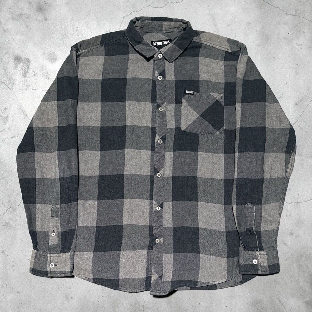 Zoo York Flannel Shirt Mens XL Gray Black Buffalo Plaid Skate Y2K Grunge